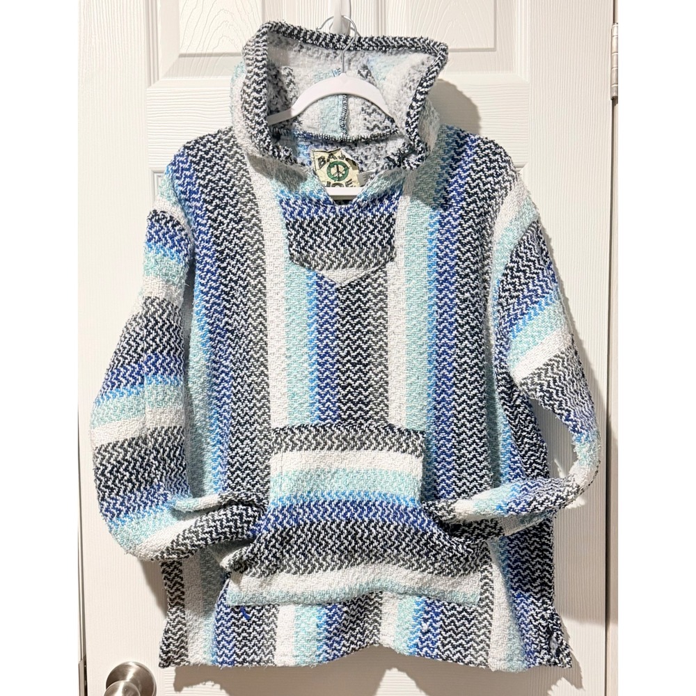Baja Joe Striped Drug Rug Hoodie Blue Teal White Mexican Jerga Mens Medium
